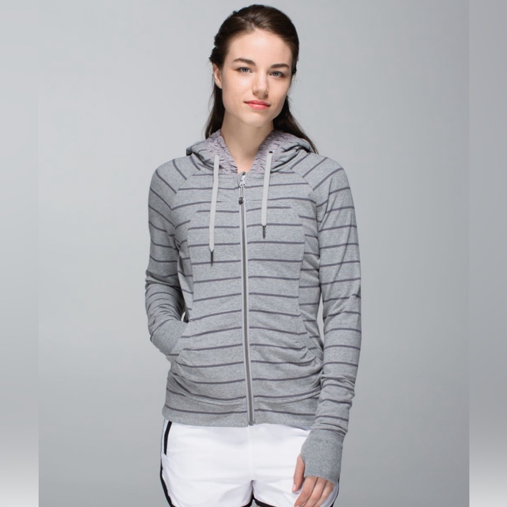 LULULEMON Size 6 Movement Hoodie Jacket Striped Grey Ruffles Hood Zipper Coat